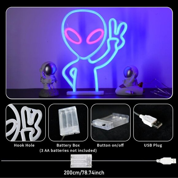 Blue Alien Neon Sign LED Wall Light USB Battery for Game Room Party Decor - Picture 7 of 9